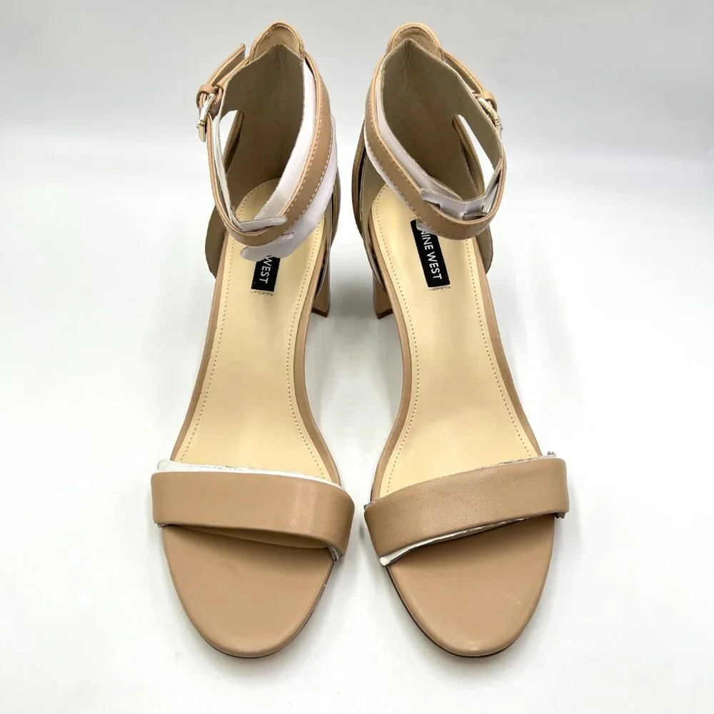 Nine West Womens Size 10 Nude Tan Beige Leather‎ Pruce Sandals Heels Shoes New